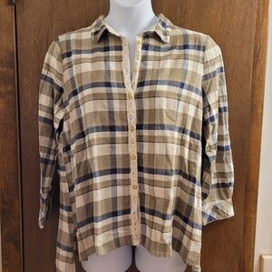 Kaktus Women's Tan Blue plaid 3/4 sleeve button up shirt Lace Boho Cottage Fairy